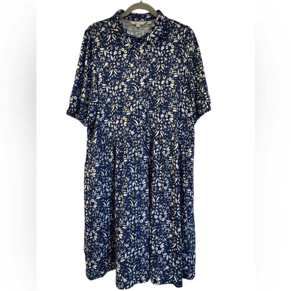 Boden Women’s Blue and White Floral Jersey Knit Dress
